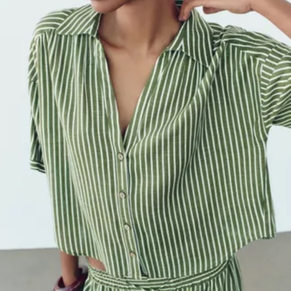 39. Zara Green and White Cropped Striped Button Down Shirt